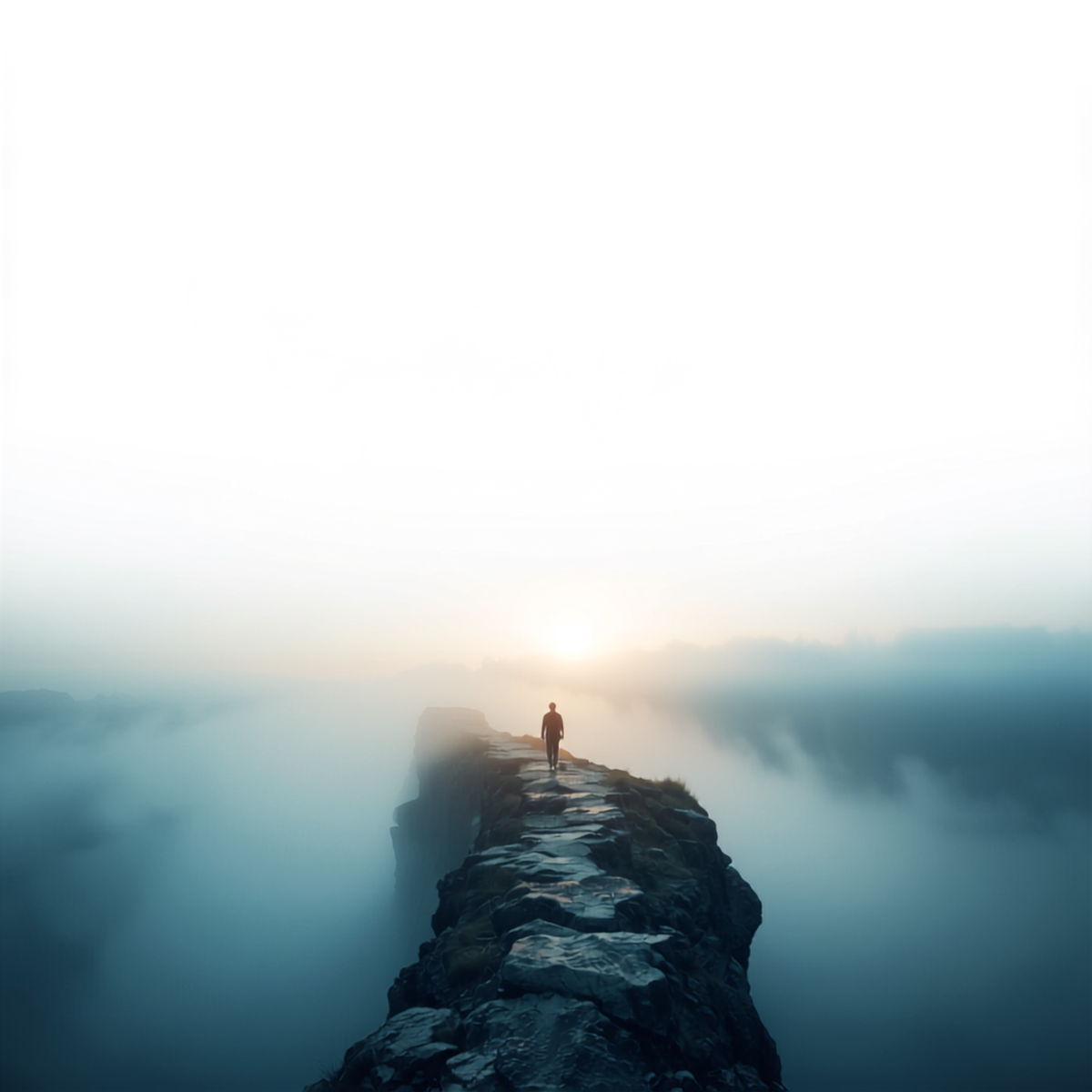 Person standing at the edge of a stone path on a mountain ridge, walking toward a misty sunrise over layered blue peaks.