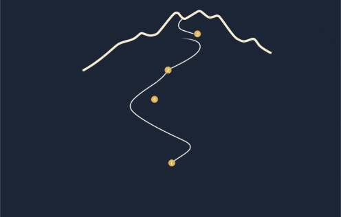 Illustrated mountain path representing the marketing journey, from audit at the base to growth at the summit.